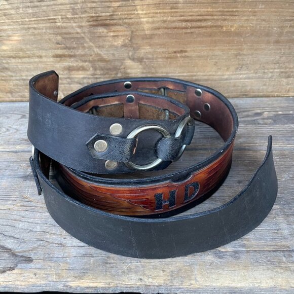 Harley Davisdon Biker Motorcycle Belt Leather Belt Strap Vintage Black / Brown - Picture 9 of 13